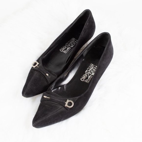 Salvatore Ferragamo Shoes - Salvatore Ferragamo Black Suede Kitten Heel Pins Size 9 Narrow